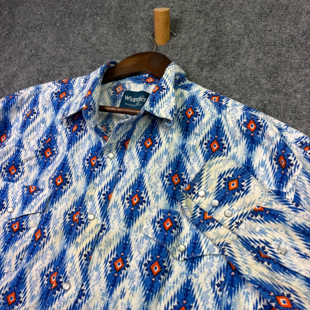 Wrangler Western Shirt Mens XXL Blue Aztec Tribal Pearl Snap Long Sleeve 0037